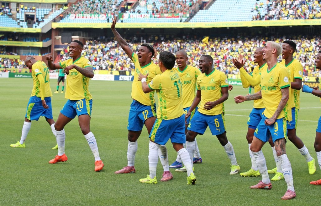 Brayan Leon Muniz of Mamelodi Sundowns celebrates goal with teammates during the CAF Champions League 2025/26 match between Mamelodi Sundowns and MC Alger at the Loftus Versfeld Stadium, Pretoria on the 14 February 2026 ©Muzi Ntombela/BackpagePix
