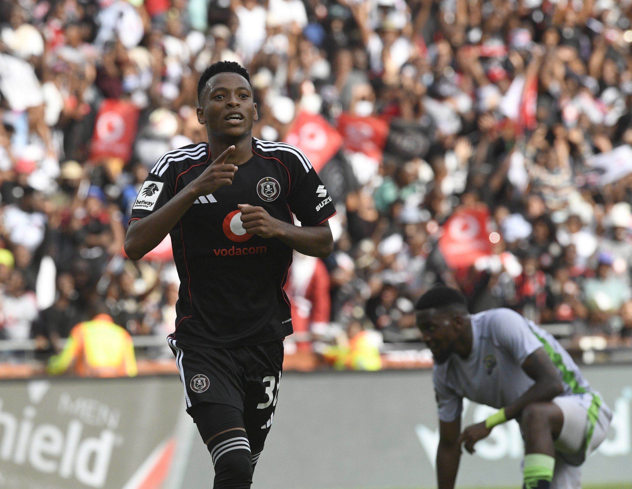 Relebohile Mofokeng of Orlando Pirates celebrates goal during the Betway Premiership 2025/26 match between Orlando Pirates and Marumo Gallants FC at the Orlando Stadium in Soweto on the 14 February 2026 ©Sydney Mahlangu BackpagePix