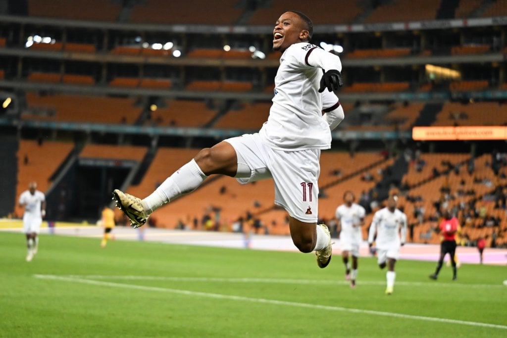 Langelihle Phili of Stellenbosch FC celebrates goal during the Betway Premiership 2025/26 football match between Kaizer Chiefs and Stellenbosch FC at FNB Stadium in Johannesburg on 24 February 2026 ©Nokwanda Zondi/BackpagePix