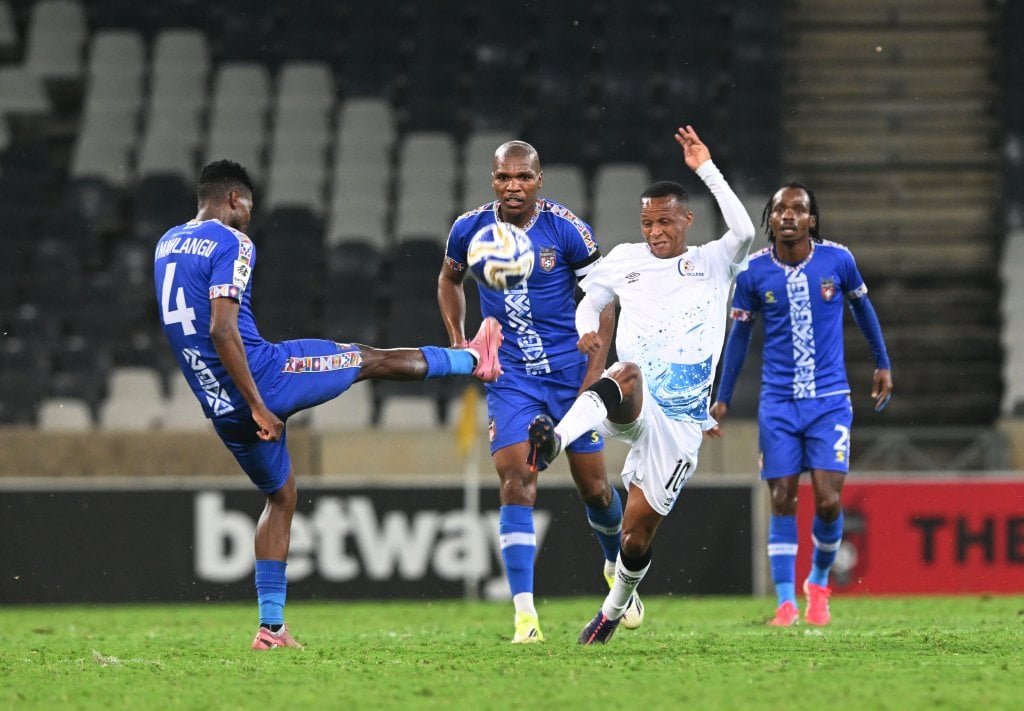 Surprise Ralani of Orbit College FC challenged by McBeth Mahlangu of TS Galaxy FC during the Betway Premiership 2025/26 match between TS Galaxy FC and Orbit College at the Mbombela Stadium in Mbombela on the 03 March 2026 ©Sydney Mahlangu BackpagePix