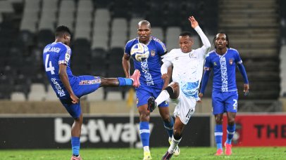 Surprise Ralani of Orbit College FC challenged by McBeth Mahlangu of TS Galaxy FC during the Betway Premiership 2025/26 match between TS Galaxy FC and Orbit College at the Mbombela Stadium in Mbombela on the 03 March 2026 ©Sydney Mahlangu BackpagePix