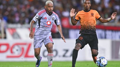 Oswin Appolis of Orlando Pirates challenged by Tlou Nkwe of Polokwane City during the Betway Premiership 2025/26 match between Polokwane City and Orlando Pirates at Old Peter Mokaba Stadium in Polokwane on 4 March 2026 ©Alche Greeff/BackpagePix