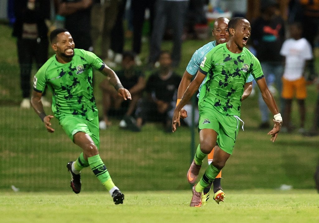 Msindisi Ndlovu of Marumo Gallants celebrates goal with teammates during the Betway Premiership 2025/26 match between Chippa United and Marumo Gallants at Buffalo City Stadium, East London on 4 March 2026 ©Yanga Nothanga/BackpagePix