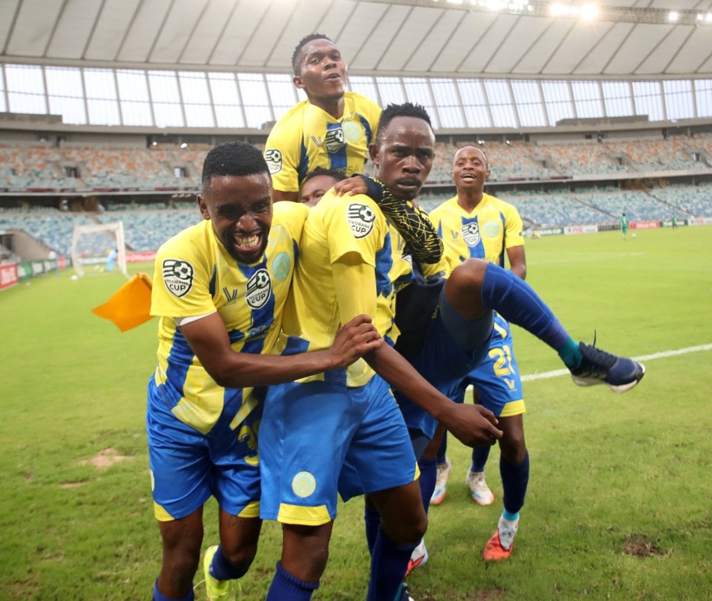 Decide Chauke of Casric Stars celebrates goal with teammates during the Nedbank Cup 2026 quarterfinal match between AmaZulu and Casric Stars at Moses Mabhida Stadium in Durban on 07 March 2026 ©Samuel ShivambuBackpagePix
