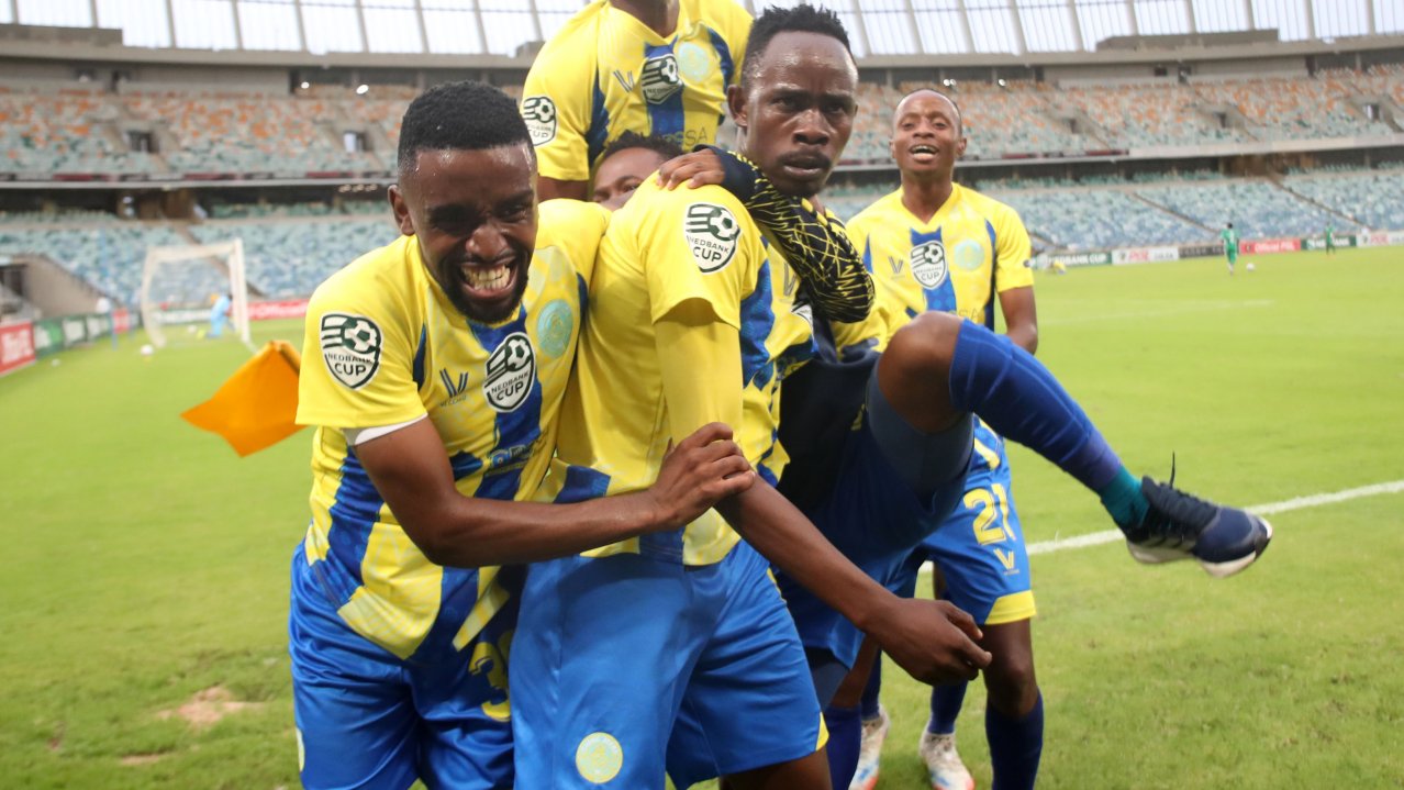 Decide Chauke of Casric Stars celebrates goal with teammates during the Nedbank Cup 2026 quarterfinal match between AmaZulu and Casric Stars at Moses Mabhida Stadium in Durban on 07 March 2026 ©Samuel ShivambuBackpagePix