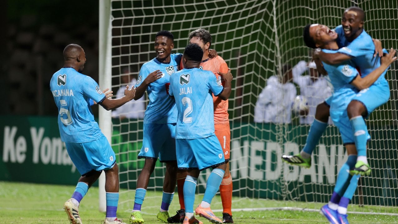 Darren Keet of Durban City celebrates victory with teammates during the Nedbank Cup 2026 quarterfinal match between Golden Arrows and Durban City at King Zwelithini Stadium in Durban on 08 March 2026 ©Samuel ShivambuBackpagePix