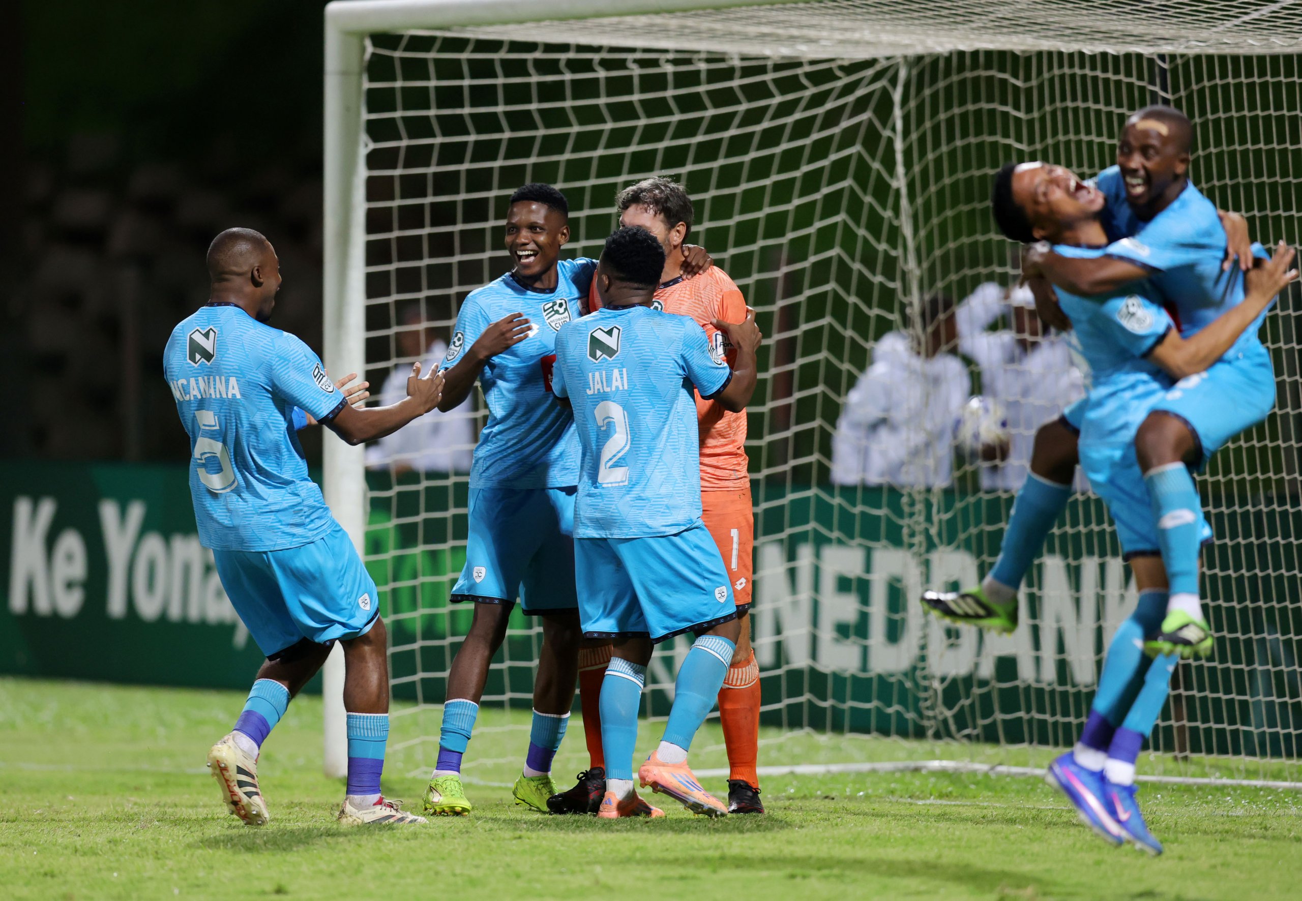 Darren Keet of Durban City celebrates victory with teammates during the Nedbank Cup 2026 quarterfinal match between Golden Arrows and Durban City at King Zwelithini Stadium in Durban on 08 March 2026 ©Samuel ShivambuBackpagePix