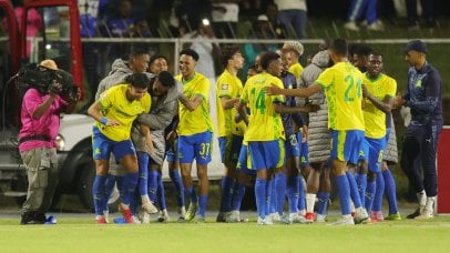 Miquel Silva Reisinho of Mamelodi Sundowns celebrates goal with teammates during the Betway Premiership 2025/26 match between Orbirt College and Mamelodi Sundowns at Olympia Park Stadium in Rustenburg on 10 March 2026 ©Samuel ShivambuBackpagePix