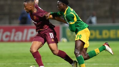 Langelihle Phili of Stellenbosch FC challenged by Isaac Cisse of Lamontville Golden Arrows during the Betway Premiership 2025\26 match between Lamontville Golden Arrows and Stellenbosch FC at King Zwelithini Stadium, in Durban on the 18 March 2026 ©Phakamisa Lensman/Backpagepix