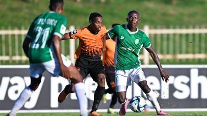 Nkosikhona Radebe of AmaZulu challenged by Tlou Nkwe of Polokwane City during the Betway Premiership 2025/26 match between Polokwane City and Amazulu at Old Peter Mokaba Stadium in Polokwane on 21 March 2026 ©Alche Greeff/BackpagePix