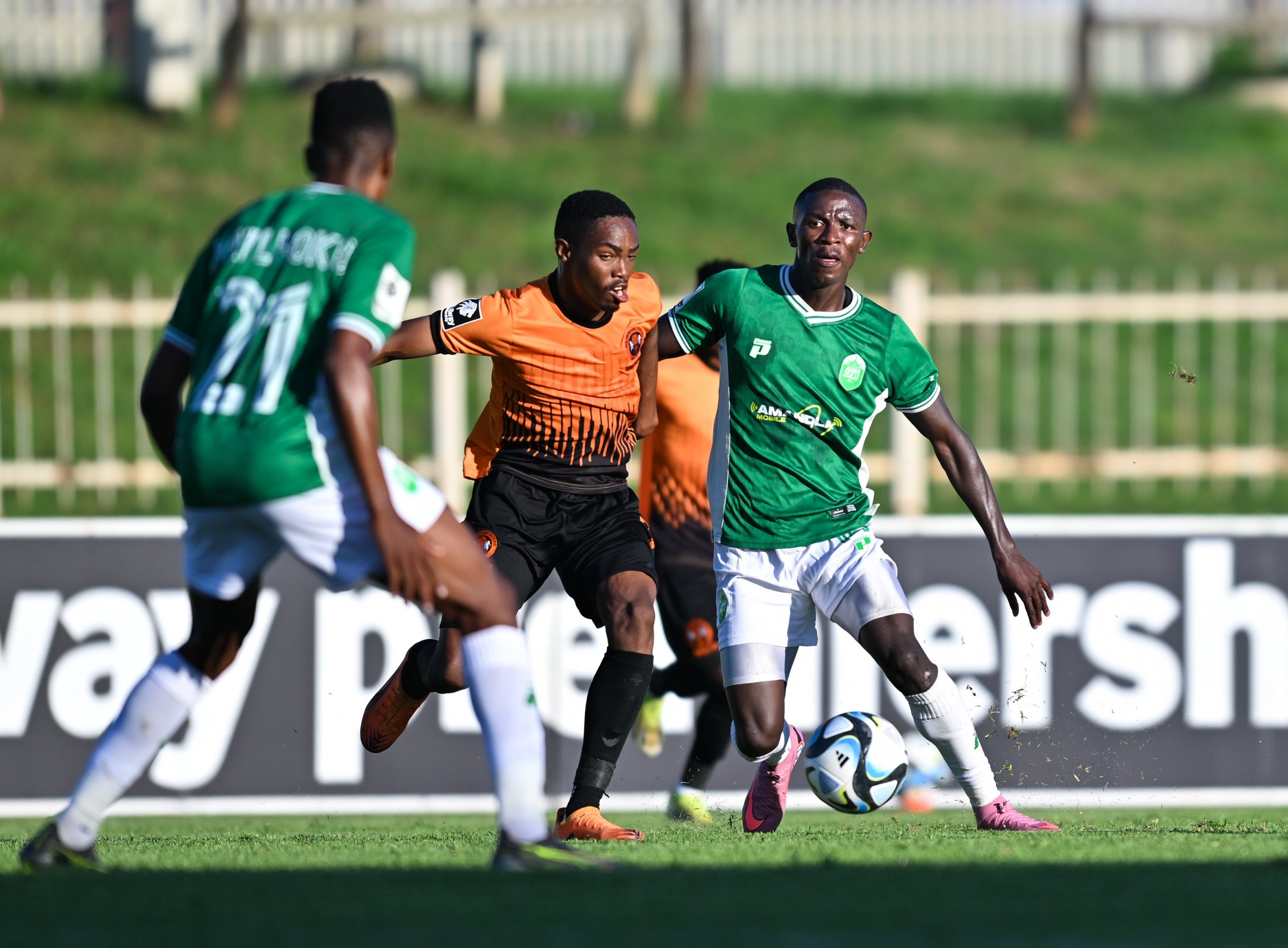 Nkosikhona Radebe of AmaZulu challenged by Tlou Nkwe of Polokwane City during the Betway Premiership 2025/26 match between Polokwane City and Amazulu at Old Peter Mokaba Stadium in Polokwane on 21 March 2026 ©Alche Greeff/BackpagePix