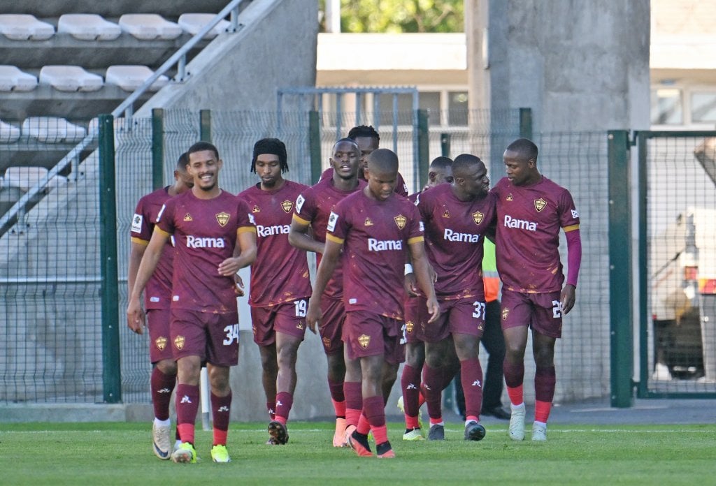 Stellenbosch FC players celebrate a goal scored by Tshegofatso Mabasa of Stellenbosch FC during the Betway Premiership 2025/26 game between Stellenbosch FC and Chippa United at Athlone Stadium in Cape Town on 21 March 2026 © Ryan Wilkisky/BackpagePix