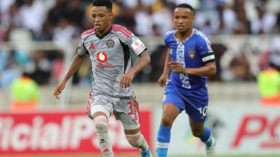 Relebohile Mofokeng of Orlando Pirates challenged by Siphesihle Maduna of TS Galaxy during the Betway Premiership 2025/26 match between Orlando Pirates and TS Galaxy at Mbombela Stadiumn in Nelspruit on 22 March 2026 ©Samuel ShivambuBackpagePix