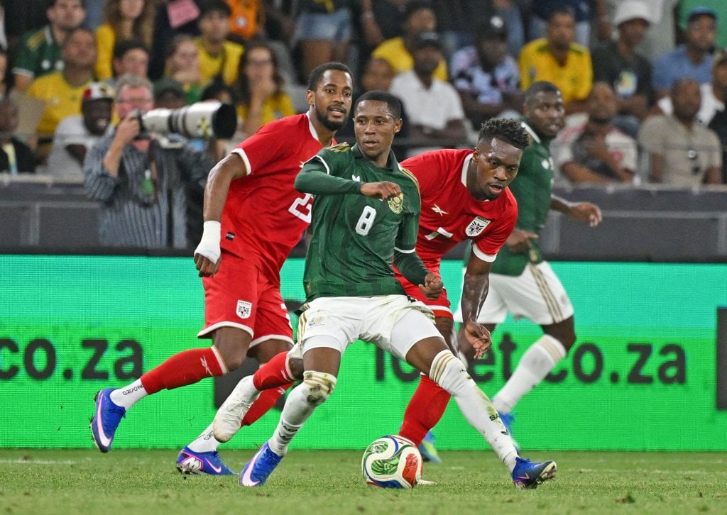 Tshepang Moremi of South Africa is challenged by Jose Luis Rodriguez of Panama during the 2026 International Friendly game between South Africa and Panama at Cape Town Stadium in South Africa on 31 March 2026 © Ryan Wilkisky/BackpagePix