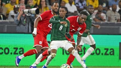 Tshepang Moremi of South Africa is challenged by Jose Luis Rodriguez of Panama during the 2026 International Friendly game between South Africa and Panama at Cape Town Stadium in South Africa on 31 March 2026 © Ryan Wilkisky/BackpagePix