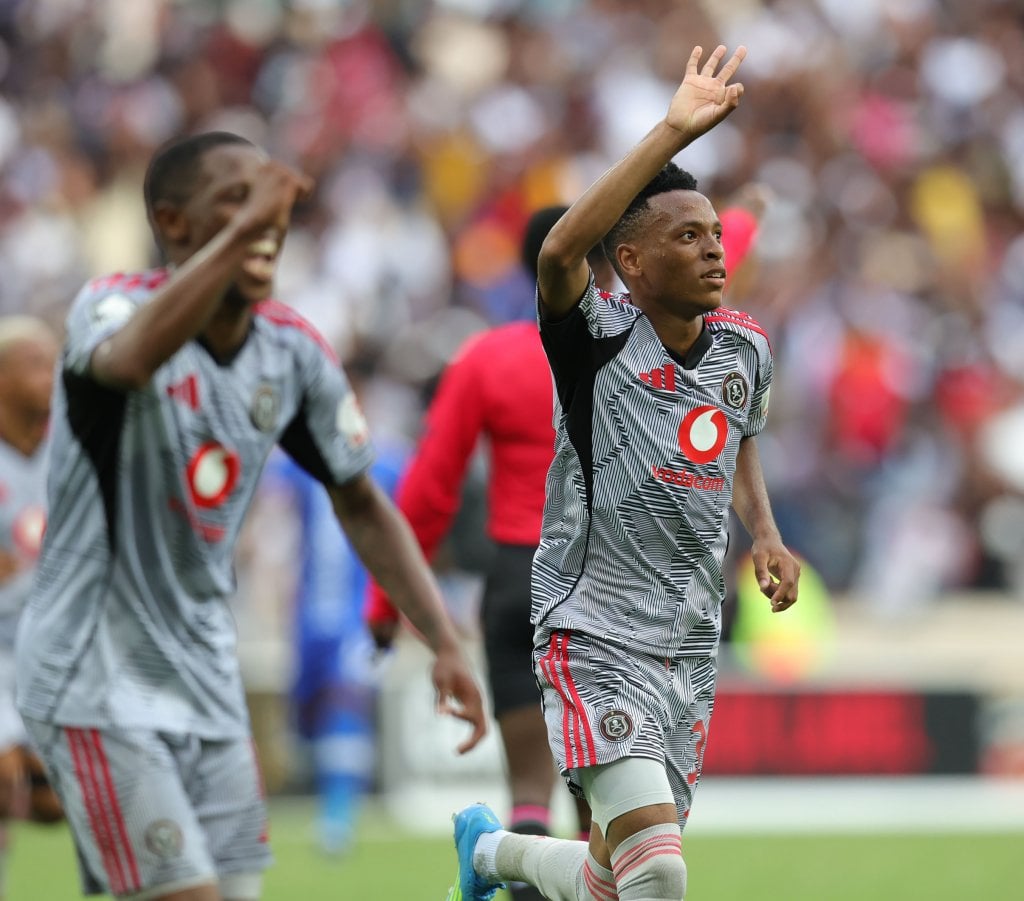 Relebohile Mofokeng of Orlando Pirates celebrates goal with teammates during the Betway Premiership 2025/26 match between Orlando Pirates and TS Galaxy at Mbombela Stadiumn in Nelspruit on 22 March 2026 ©Samuel ShivambuBackpagePix