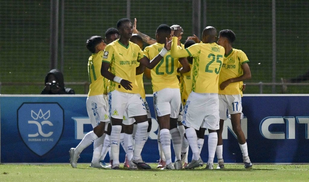 Sundowns celebrate the first goal of the match during the Betway Premiership 2025/26 match between Durban City and Mamelodi Sundowns at Chatsworth Stadium, Durban on 7 April 2026 ©Gerhard Duraan/BackpagePix