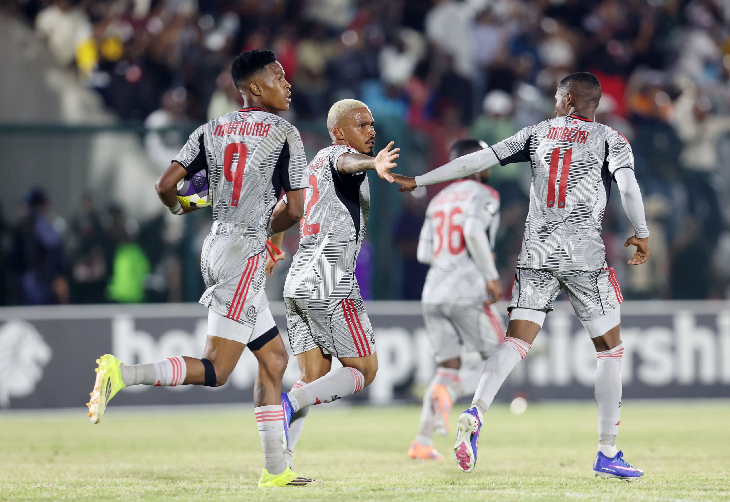 Oswin Appolis of Orlando Pirates celebrates goal with teammates during the Betway Premiership 2025/26 match between Richards Bay and Orlando Pirates at the Mhlathuze Sports Complex, Richards Bay on the 10 April 2026 ©Muzi Ntombela/BackpagePix