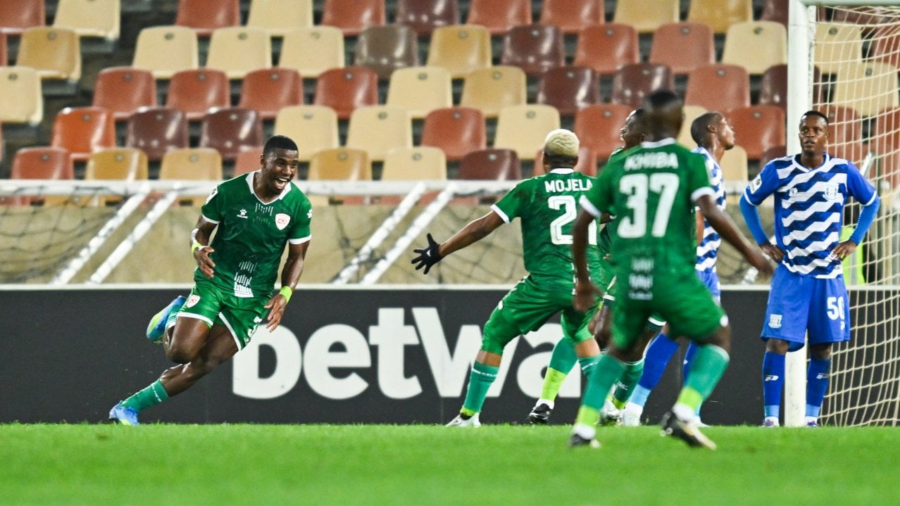 Bright Ndlovu of Sekhukhune United celebrates a goal during the Betway Premiership 2025/26 match between Sekhukhune United and Magesi at Peter Mokaba Stadium in Polokwane on 11 April 2026 ©Alche Greeff/BackpagePix