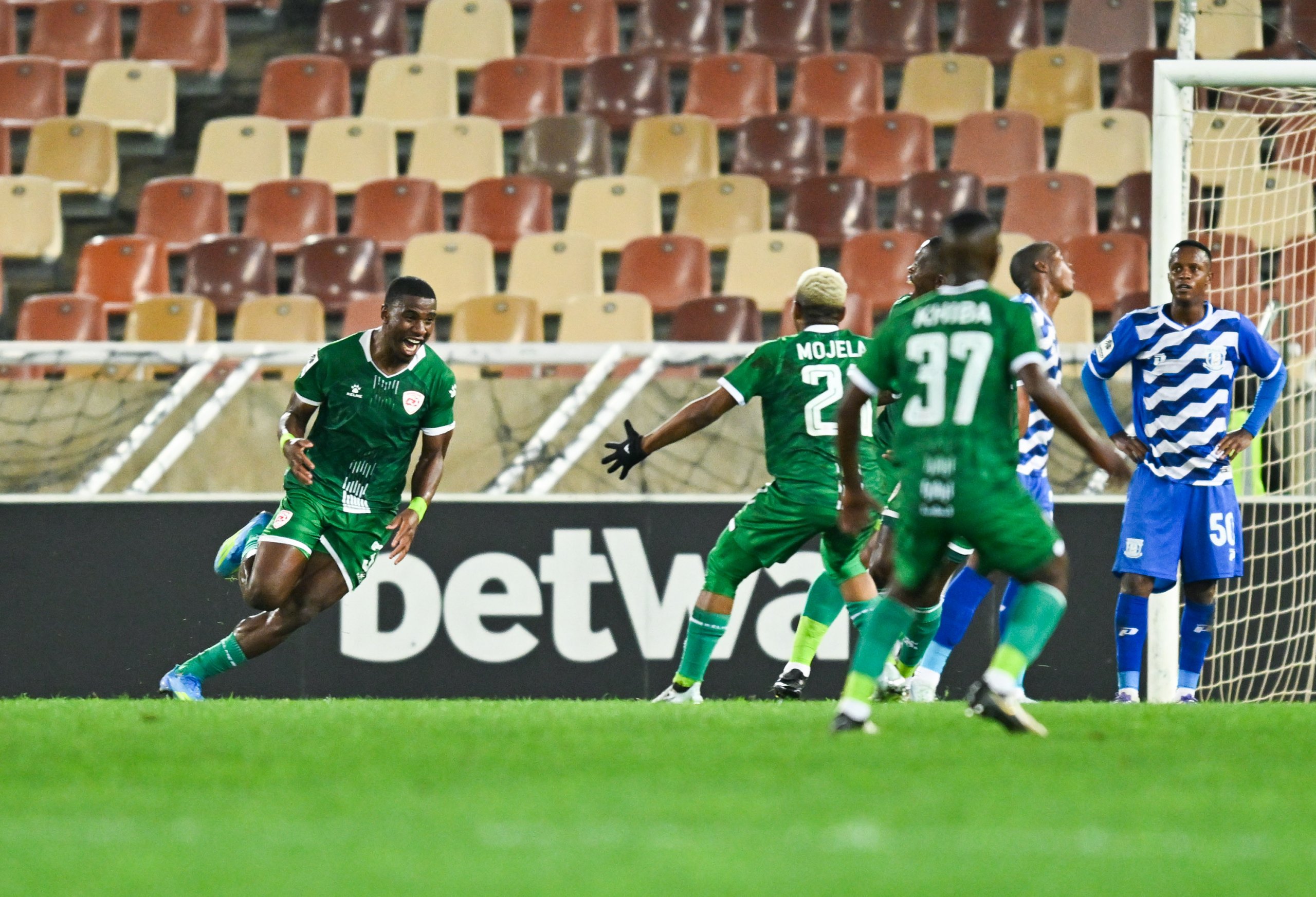 Bright Ndlovu of Sekhukhune United celebrates a goal during the Betway Premiership 2025/26 match between Sekhukhune United and Magesi at Peter Mokaba Stadium in Polokwane on 11 April 2026 ©Alche Greeff/BackpagePix