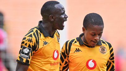 Flavio Silva of Kaizer Chiefs celebrates a goal with Mduduzi Shabalala of Kaizer Chiefs during the Betway Premiership 2025/26 match between Kaizer Chiefs and TS Galaxy at FNB Stadium in Johannesburg on 12 April 2026 ©Alche Greeff/BackpagePix