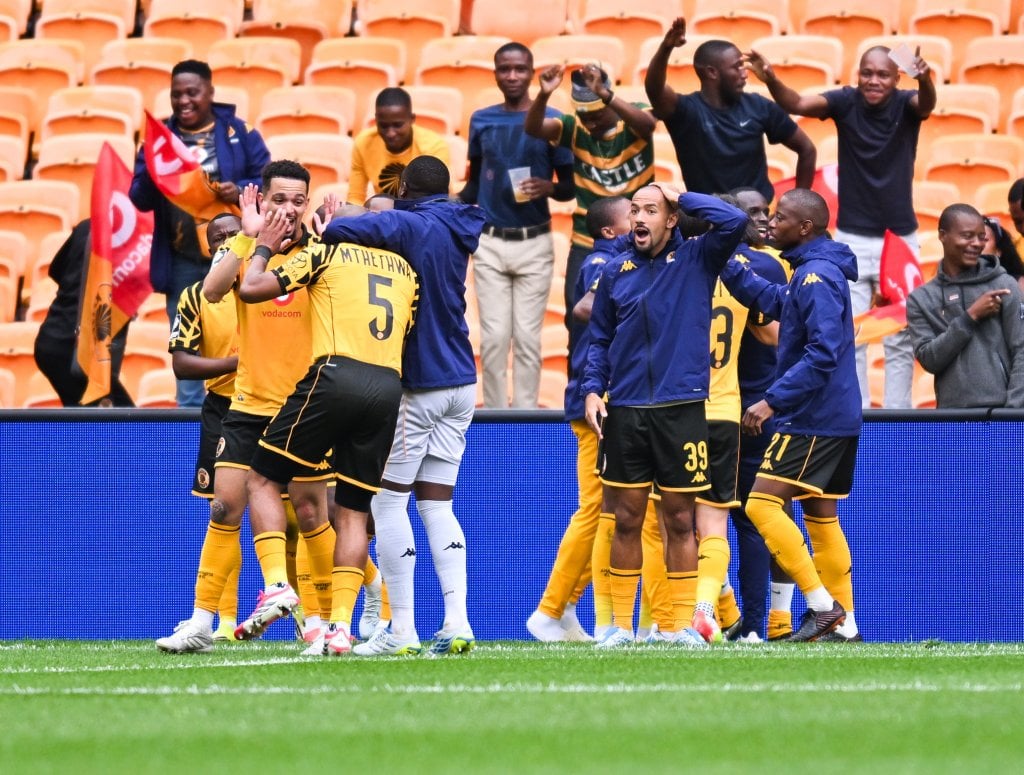 Glody Lilepo of Kaizer Chiefs celebrates a goal with teammates during the Betway Premiership 2025/26 match between Kaizer Chiefs and TS Galaxy at FNB Stadium in Johannesburg on 12 April 2026 ©Alche Greeff/BackpagePix