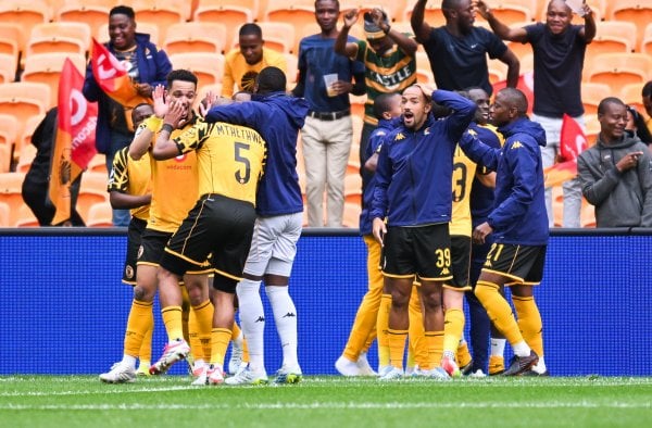 Glody Lilepo of Kaizer Chiefs celebrates a goal with teammates during the Betway Premiership 2025/26 match between Kaizer Chiefs and TS Galaxy at FNB Stadium in Johannesburg on 12 April 2026 ©Alche Greeff/BackpagePix