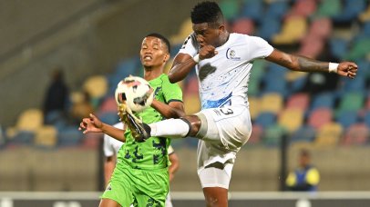 Thabang Nhlapo of Orbit College FC challenges Matthew Marou of Marumo Gallants FC during the Betway Premiership 2025/26 match between Marumo Gallants FC and Orbit College FC at the Dr Molemela Stadium in Mangaung on the 12 April 2026 ©Sydney Mahlangu BackpagePix