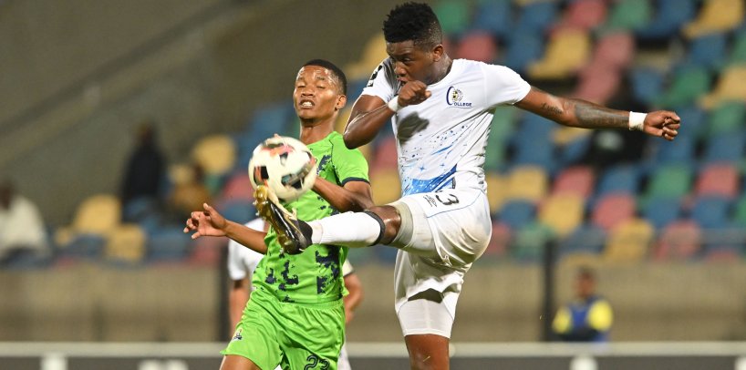 Thabang Nhlapo of Orbit College FC challenges Matthew Marou of Marumo Gallants FC during the Betway Premiership 2025/26 match between Marumo Gallants FC and Orbit College FC at the Dr Molemela Stadium in Mangaung on the 12 April 2026 ©Sydney Mahlangu BackpagePix