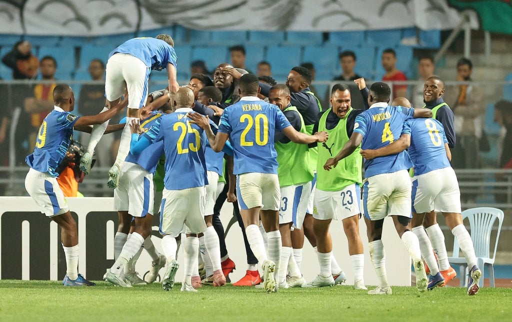Brayan Leon of Mamelodi Sundowns celebrates goal with teammates during the CAF Champions League 2025/26 1st leg match between Esperance and Mamelodi Sundowns at Stade Olympique de Rades in Rades, Tunisia on the 12 April 2026 ©Mehrez Toujani/BackpagePix