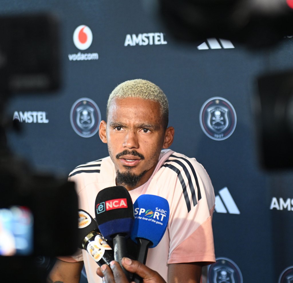 Oswin Appollis of Orlando Pirates during the Orlando Pirates Press Conference at Rand Stadium on the 21 April 2026 in Johannesburg ©Sydney Mahlangu BackpagePix