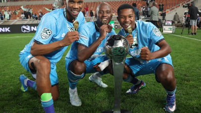 Fezile Gcaba, Samkelo Maseko of Durban City celebrates victory during the 2026 Nedbank Cup final match between Durban City and TS Galaxy at Peter Mokaba Stadium in Polokwane on 02 May 2026 ©Samuel ShivambuBackpagePix