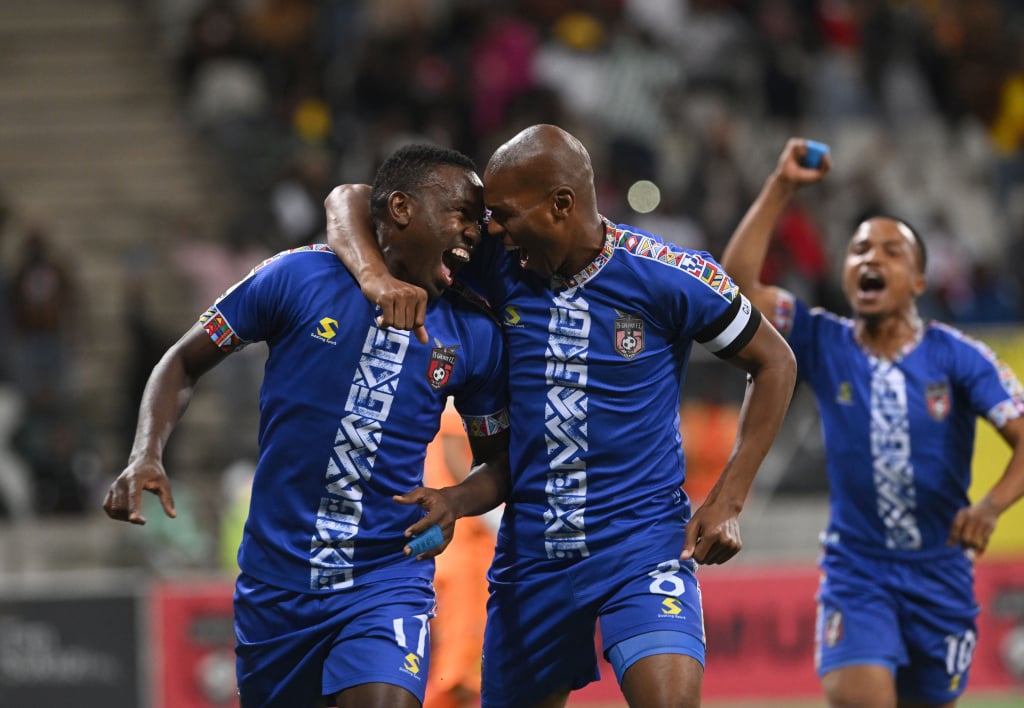 Victor Letsoalo and Mlungisi Mbunjana of TS Galaxy FC celebrates goal during the Betway Premiership 2025/26 match between TS Galaxy FC and Mamelodi Sundowns at Mbombela Stadium on the 12 May 2026 in Mbomela ©Sydney Mahlangu BackpagePix