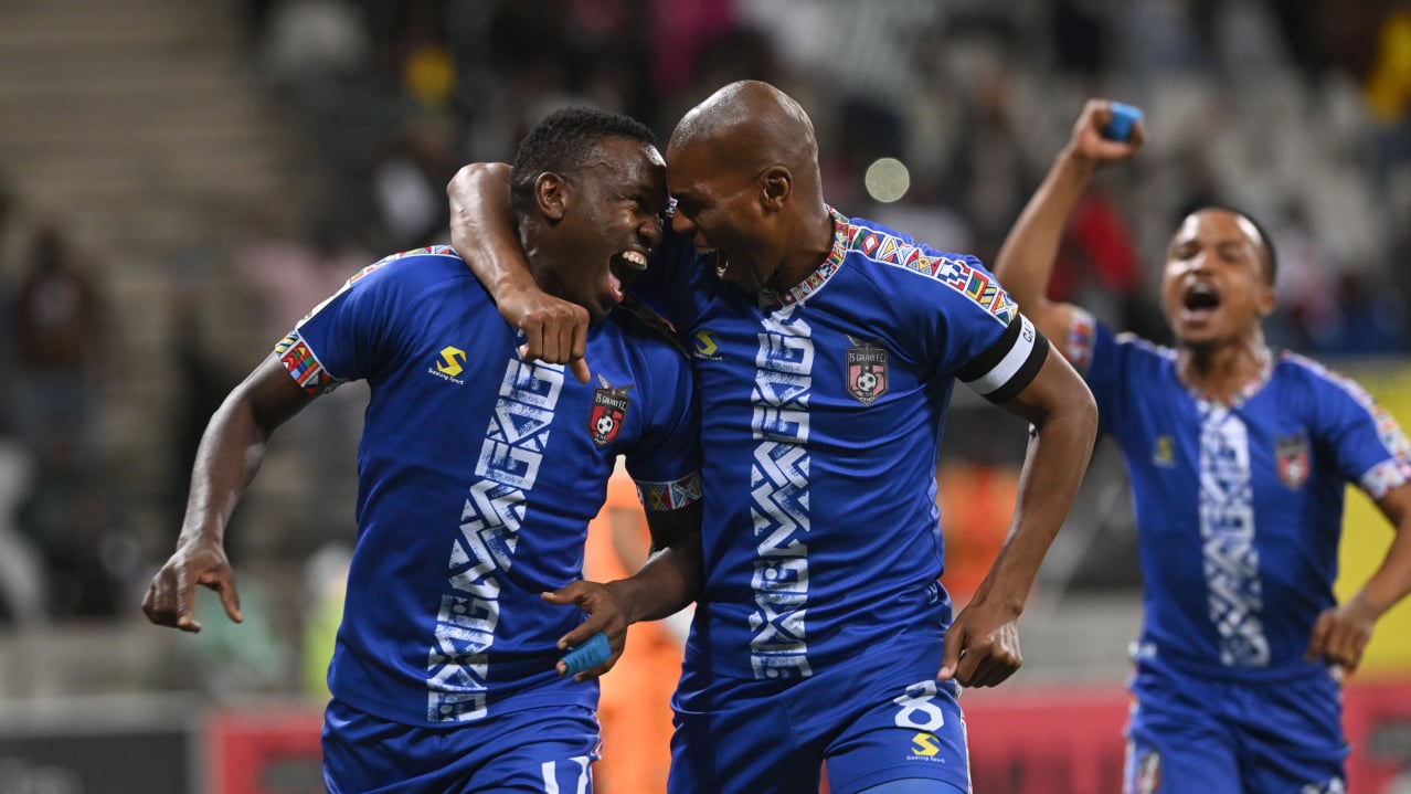 Victor Letsoalo and Mlungisi Mbunjana of TS Galaxy FC celebrates goal during the Betway Premiership 2025/26 match between TS Galaxy FC and Mamelodi Sundowns at Mbombela Stadium on the 12 May 2026 in Mbomela ©Sydney Mahlangu BackpagePix