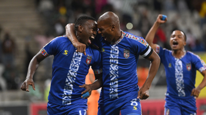 Victor Letsoalo and Mlungisi Mbunjana of TS Galaxy FC celebrates goal during the Betway Premiership 2025/26 match between TS Galaxy FC and Mamelodi Sundowns at Mbombela Stadium on the 12 May 2026 in Mbomela ©Sydney Mahlangu BackpagePix