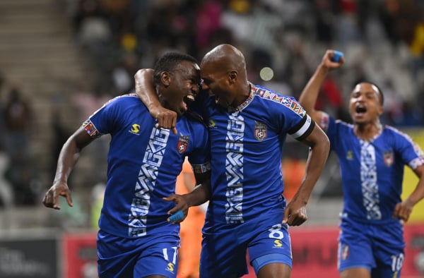Victor Letsoalo and Mlungisi Mbunjana of TS Galaxy FC celebrates goal during the Betway Premiership 2025/26 match between TS Galaxy FC and Mamelodi Sundowns at Mbombela Stadium on the 12 May 2026 in Mbomela ©Sydney Mahlangu BackpagePix