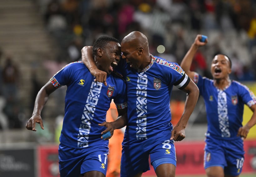 Victor Letsoalo and Mlungisi Mbunjana of TS Galaxy FC celebrates goal during the Betway Premiership 2025/26 match between TS Galaxy FC and Mamelodi Sundowns at Mbombela Stadium on the 12 May 2026 in Mbomela ©Sydney Mahlangu BackpagePix