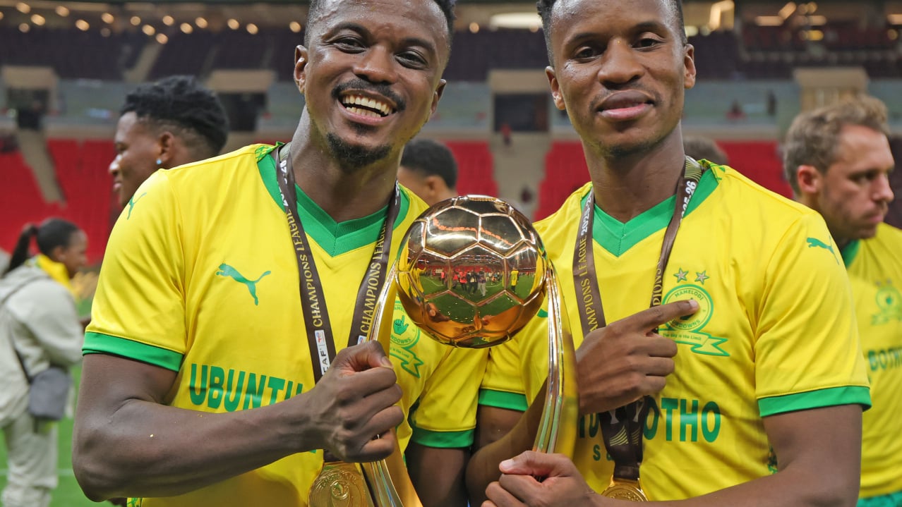 Tebogo Mokoena and Themba Zwane of Mamelodi Sundowns celebrates victory during the CAF Champions League 2025/26 2nd leg final match between AS FAR and Mamelodi Sundowns at Prince Moulay Abdellah Stadium in Rabat, Morocco on 24 May 2026 ©Samuel Shivambu/BackpagePix