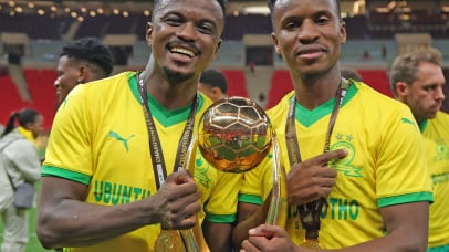 Tebogo Mokoena and Themba Zwane of Mamelodi Sundowns celebrates victory during the CAF Champions League 2025/26 2nd leg final match between AS FAR and Mamelodi Sundowns at Prince Moulay Abdellah Stadium in Rabat, Morocco on 24 May 2026 ©Samuel Shivambu/BackpagePix