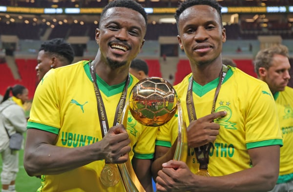 Tebogo Mokoena and Themba Zwane of Mamelodi Sundowns celebrates victory during the CAF Champions League 2025/26 2nd leg final match between AS FAR and Mamelodi Sundowns at Prince Moulay Abdellah Stadium in Rabat, Morocco on 24 May 2026 ©Samuel Shivambu/BackpagePix