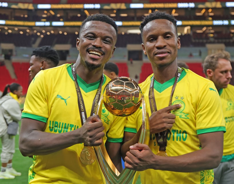 Tebogo Mokoena and Themba Zwane of Mamelodi Sundowns celebrates victory during the CAF Champions League 2025/26 2nd leg final match between AS FAR and Mamelodi Sundowns at Prince Moulay Abdellah Stadium in Rabat, Morocco on 24 May 2026 ©Samuel Shivambu/BackpagePix