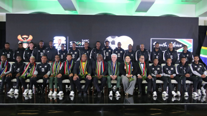 Cyril Ramaphosa (President of South Africa), Hugo Broos (coach of South Africa), Dr Danny Jordaan (SAFA President), Gayton McKenzie (Minister of Sports, Arts and Culture of South Africa), Bertha Peace Mabe (Deputy Minister of Sport, Arts and Culture) and Lydia Monyepao (SAFA CEO) with the players during the 2026 FIFA World Cup South Africa Team Announcement and Send Off at Sefako M Makgatho Presidential Guesthouse, Pretoria on the 27 May 2026 ©Muzi Ntombela/BackpagePix