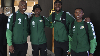 Samukelo Kabini, Thabang Matuludi, Evidence Makgopa and Tshepang Moremi of South Africa during FIFA World Cup 2026 South Africa departure at OR Tambo International Airport, in Johannesburg on 01 June 2026 ©Phakamisa Lensman/Backpagepix